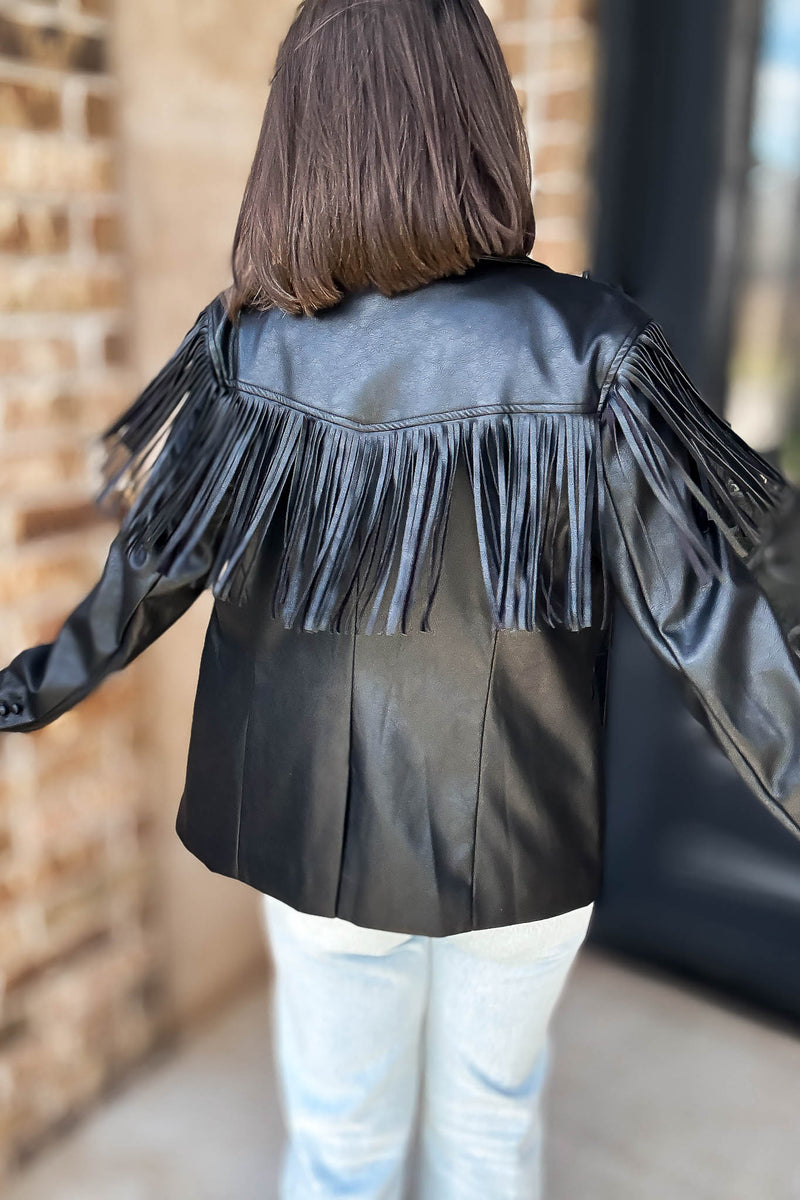 Eesome Black Fringe Solid Vegan Jacket