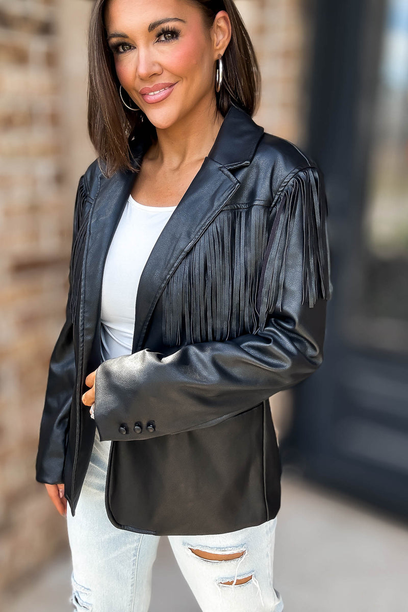 Eesome Black Fringe Solid Vegan Jacket