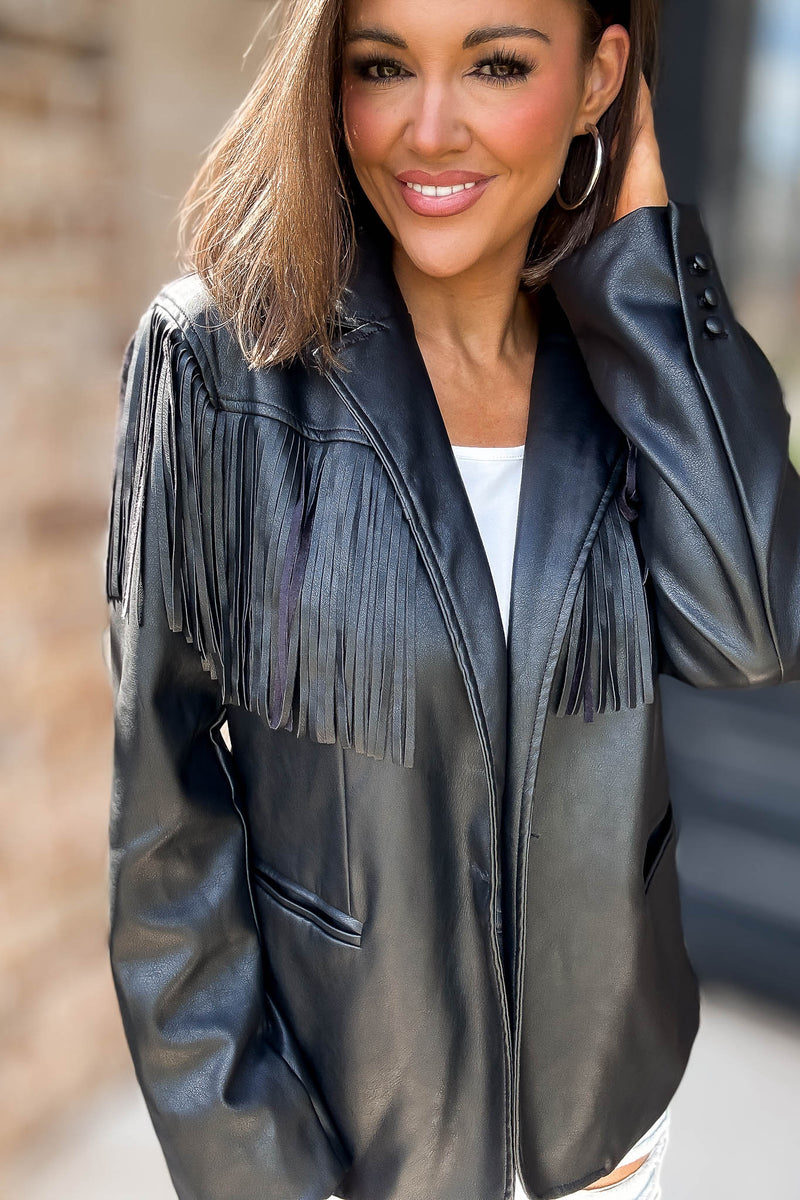 Eesome Black Fringe Solid Vegan Jacket