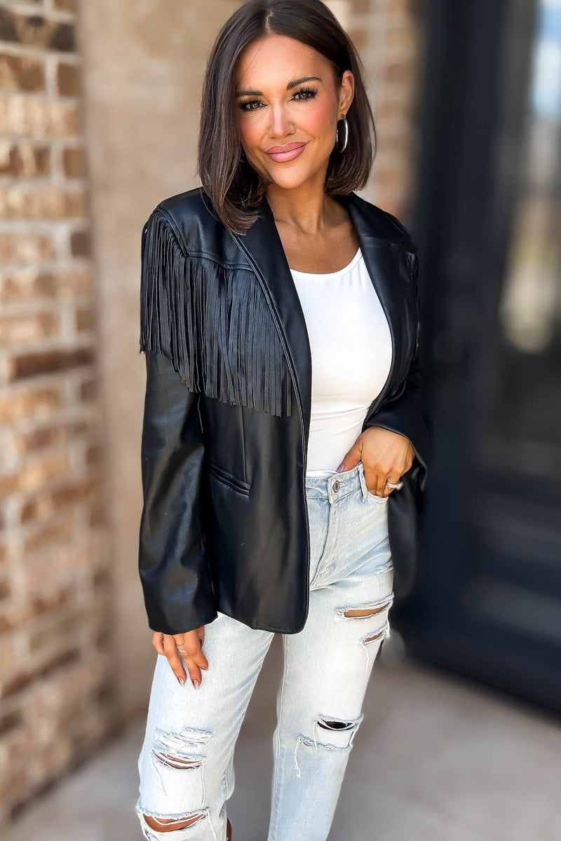 Eesome Black Fringe Solid Vegan Jacket