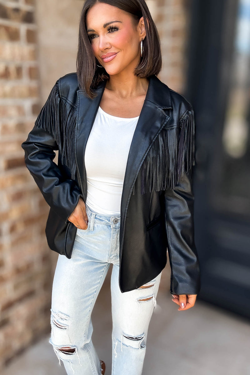 Eesome Black Fringe Solid Vegan Jacket
