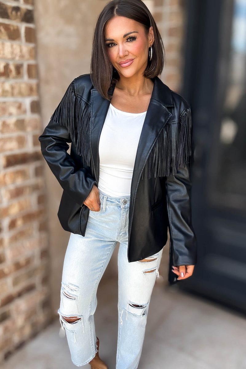Eesome Black Fringe Solid Vegan Jacket