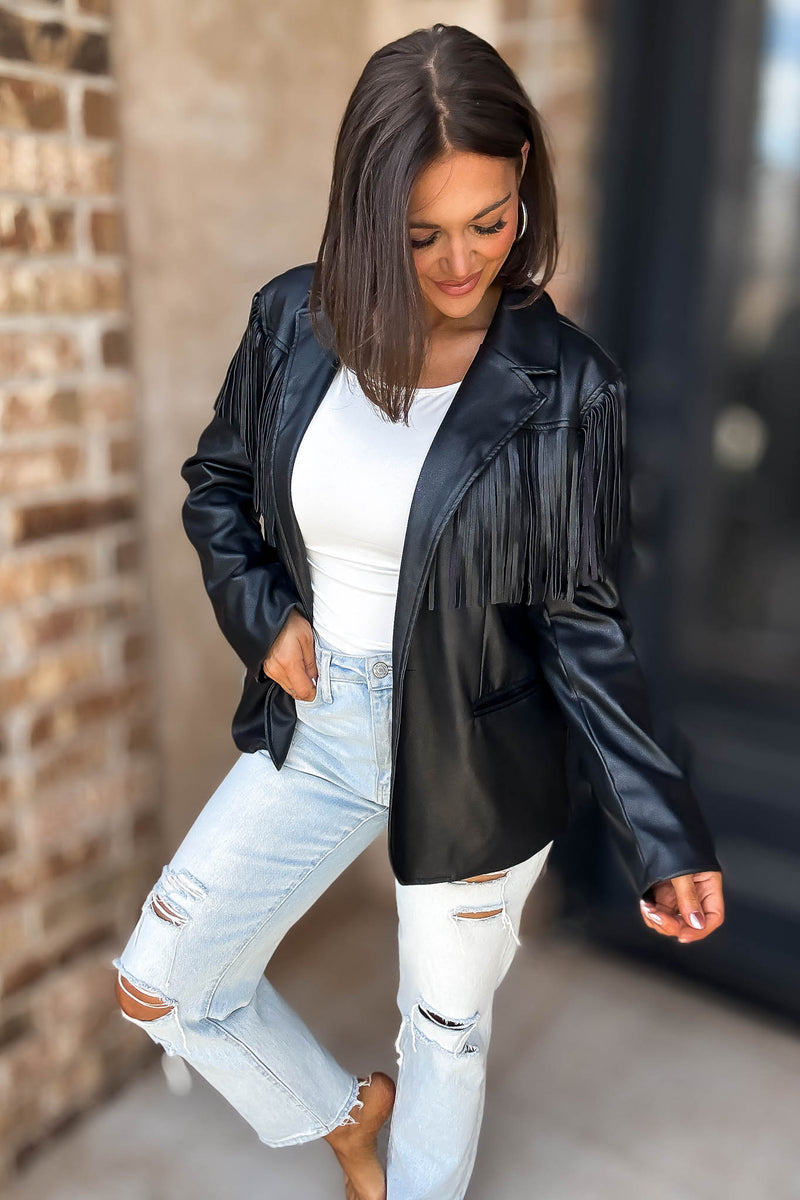 Eesome Black Fringe Solid Vegan Jacket