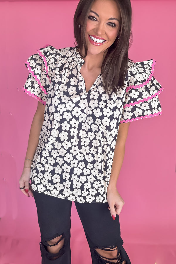 Black And White Pattern Floral V-Neck Puff Sleeve Top