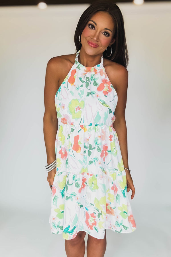 Sleeveless Halter Neck Ruched Floral Print Dress