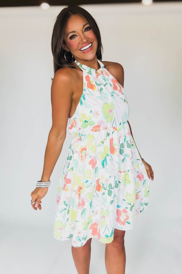 Sleeveless Halter Neck Ruched Floral Print Dress