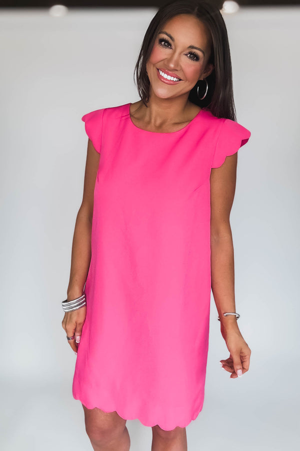 Hot Pink Short Sleeves Scallop Hem Woven Mini Dress