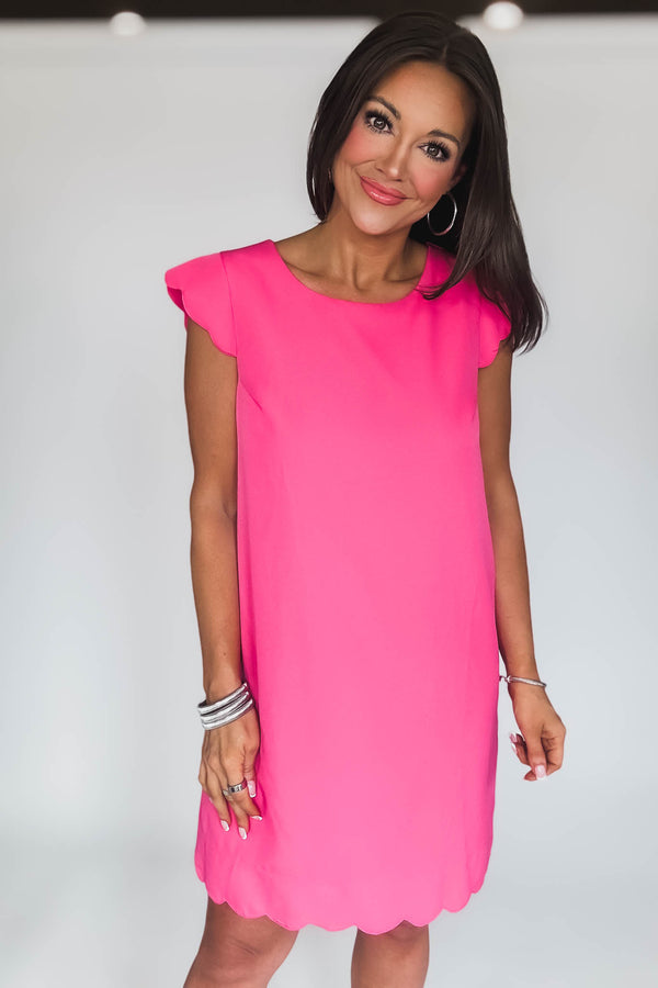 Hot Pink Short Sleeves Scallop Hem Woven Mini Dress