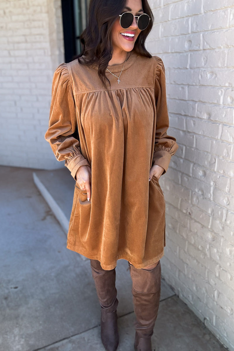 Cause A Commotion Baby Doll Camel Cord Dress
