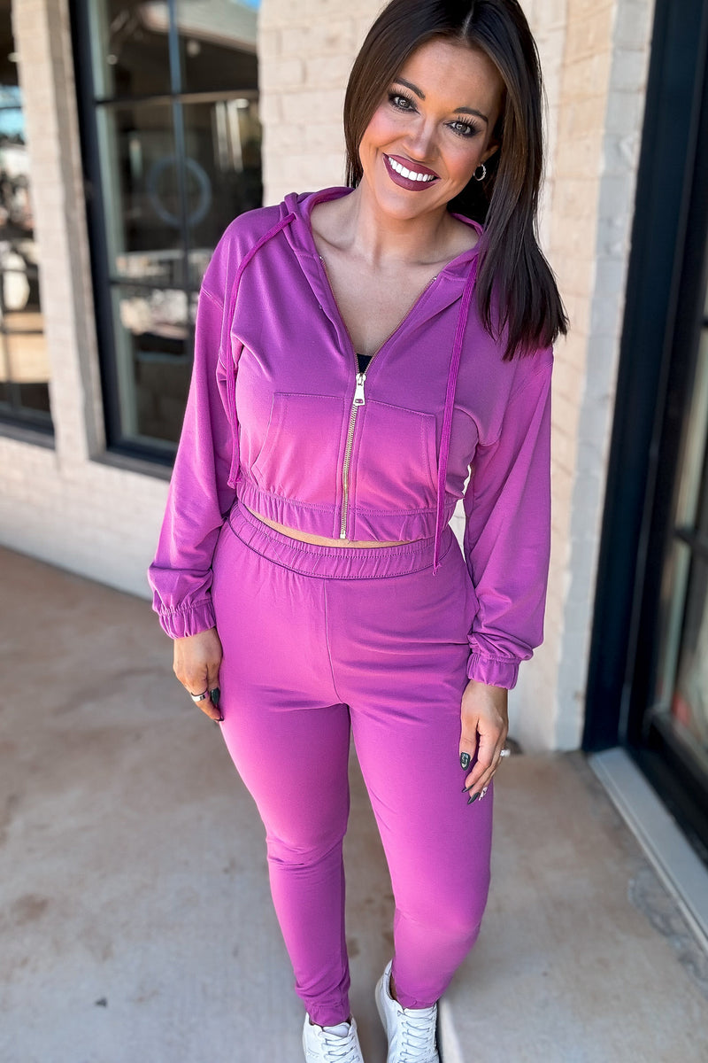 French Terry Magenta Cropped Zip-up Hoodie Jogger Set