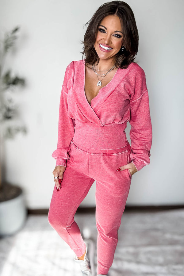Burned Out Deep V-Neck Cherry Sweatshirt