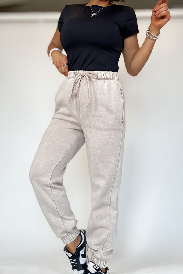 Ash Mocha Acid Wash Fleece Sweatpants With Pockets