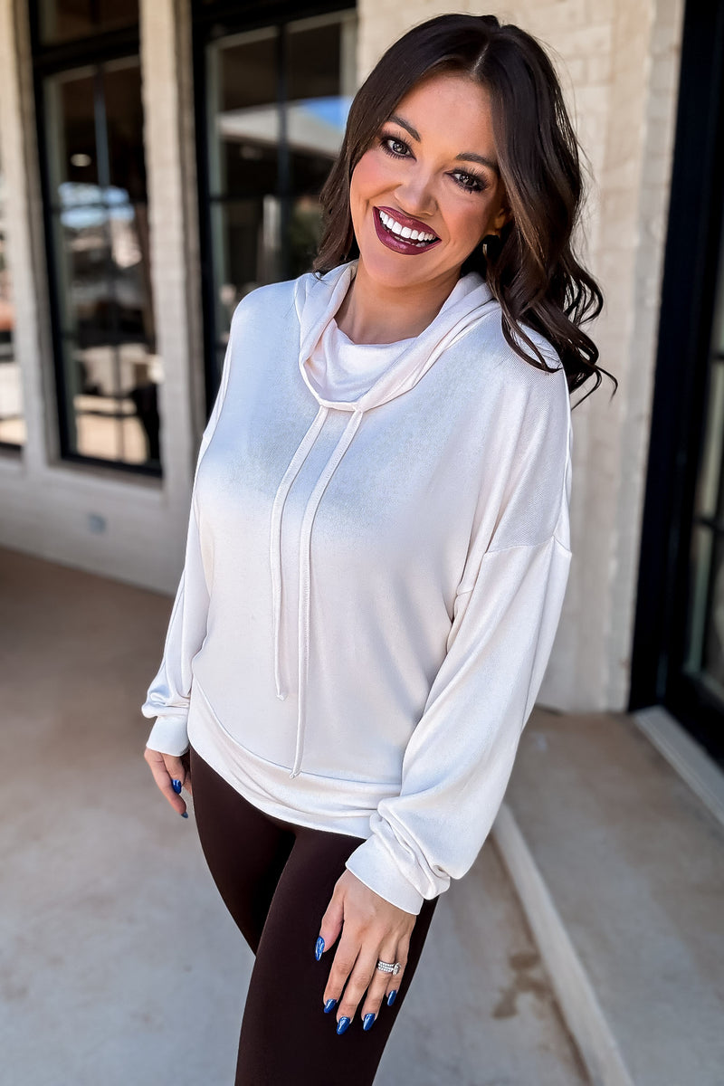 Mono B Brushed  Pearled Ivory Cowl Neck Lounge Pullover
