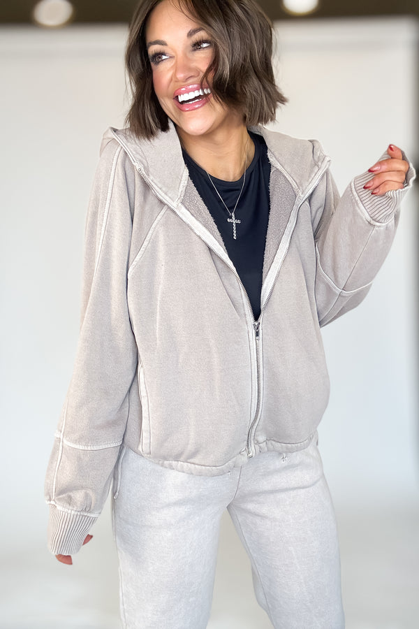 Ash Mocha Fleece Pigment Dye Zip Up Hoodie