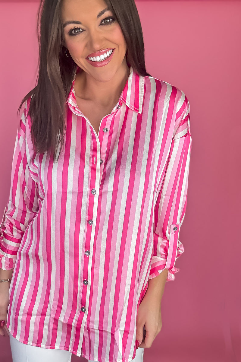 Everyday Pink Stripe Colorblock Collared Long Sleeve Top