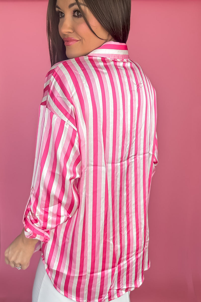 Everyday Pink Stripe Colorblock Collared Long Sleeve Top