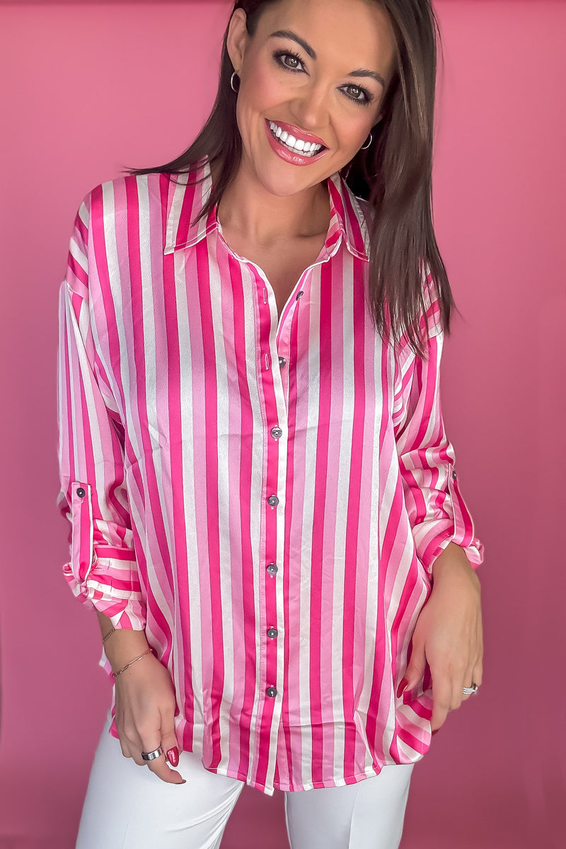 Everyday Pink Stripe Colorblock Collared Long Sleeve Top
