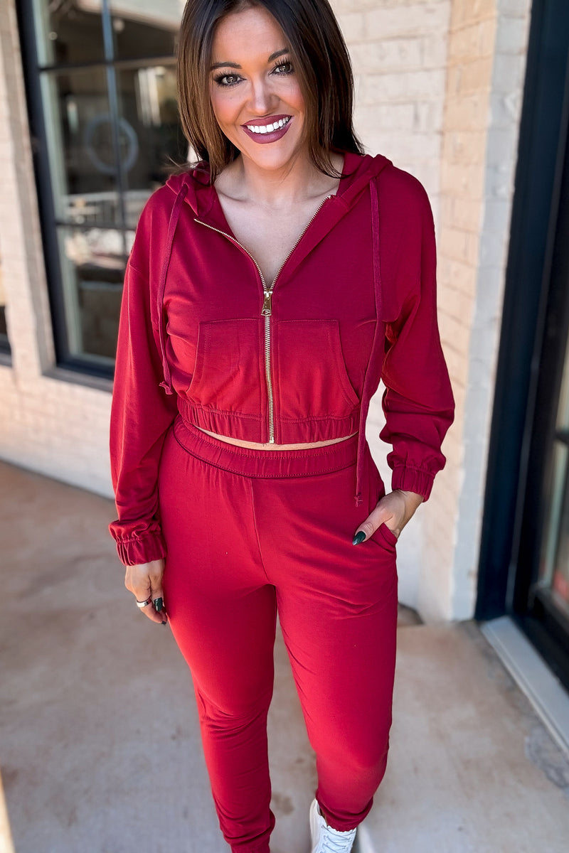 French Terry Crimson Red Cropped Zip-up Hoodie Jogger Set