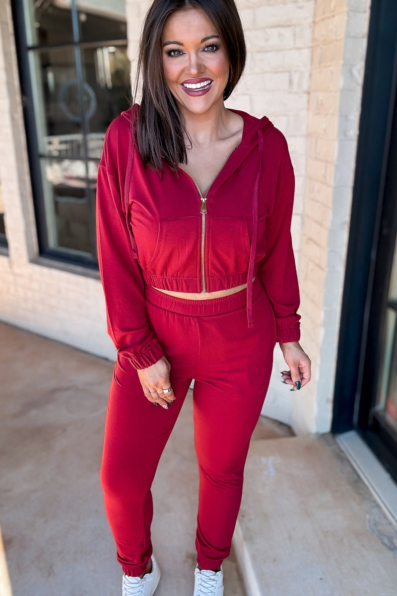 French Terry Crimson Red Cropped Zip-up Hoodie Jogger Set