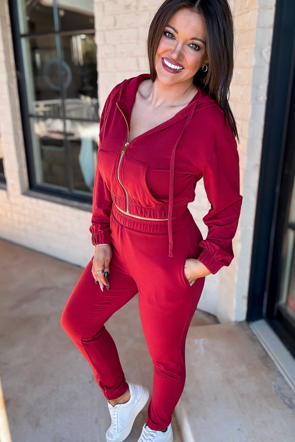 French Terry Crimson Red Cropped Zip-up Hoodie Jogger Set – Stella