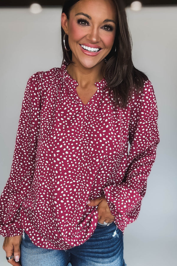 Polka Dot Burgundy Print Frill Neck Long Sleeve Blouse