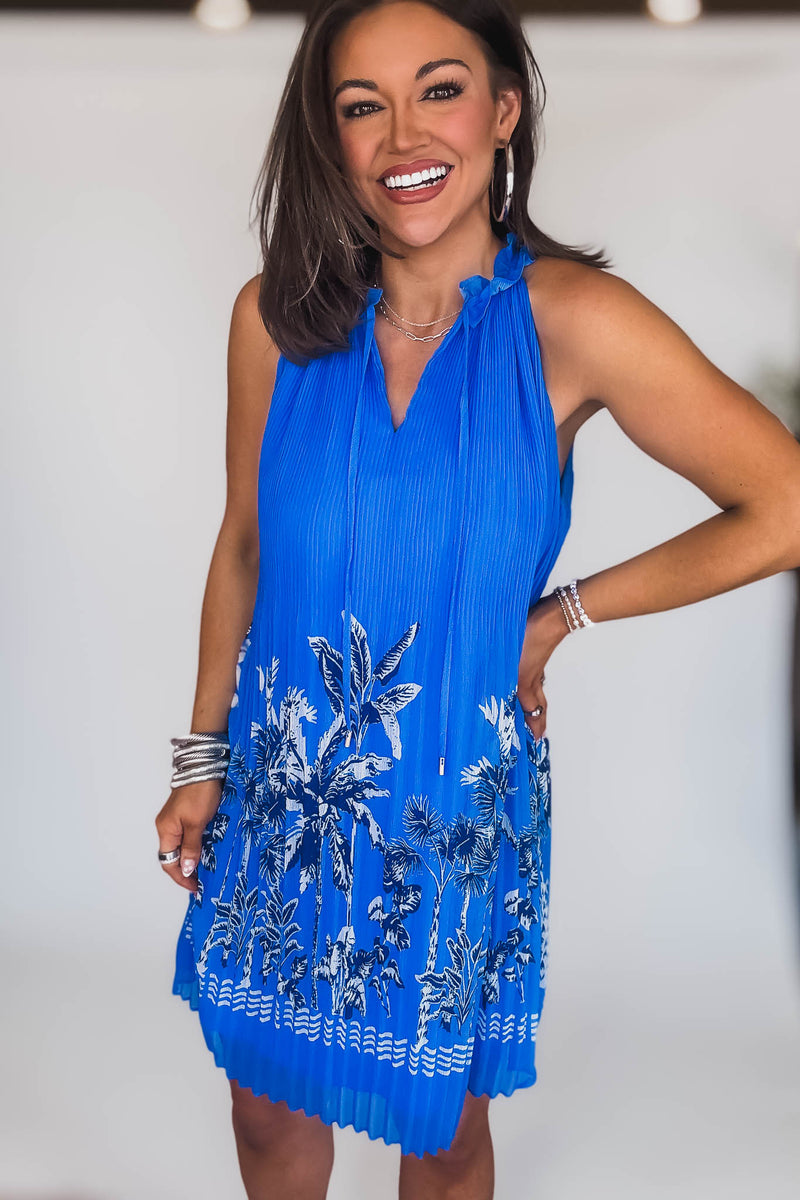 Blue Border Chiffon Pleated Mini Dress
