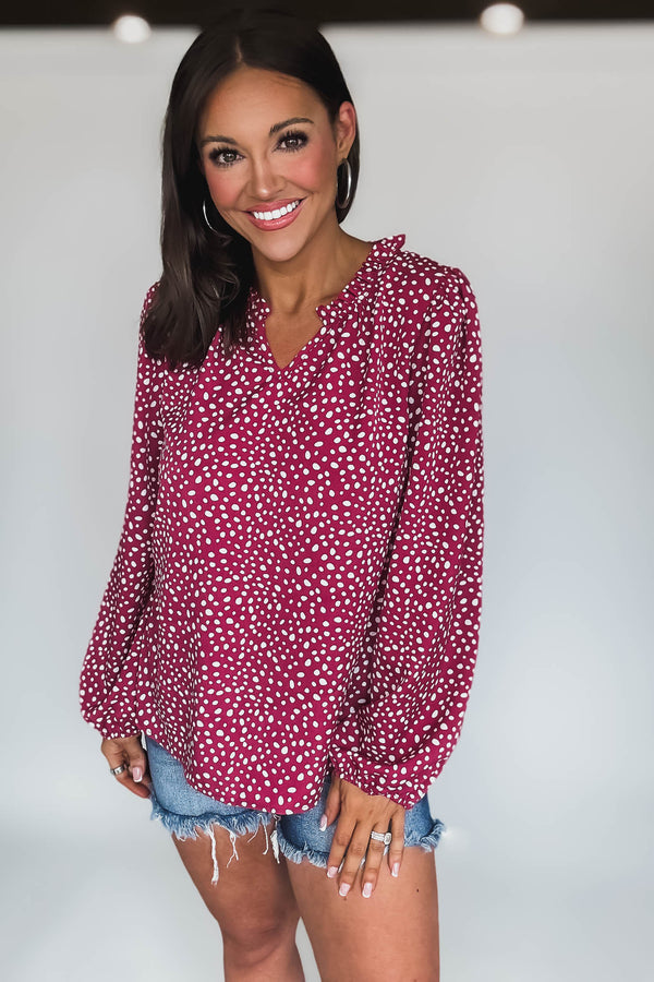 Polka Dot Burgundy Print Frill Neck Long Sleeve Blouse