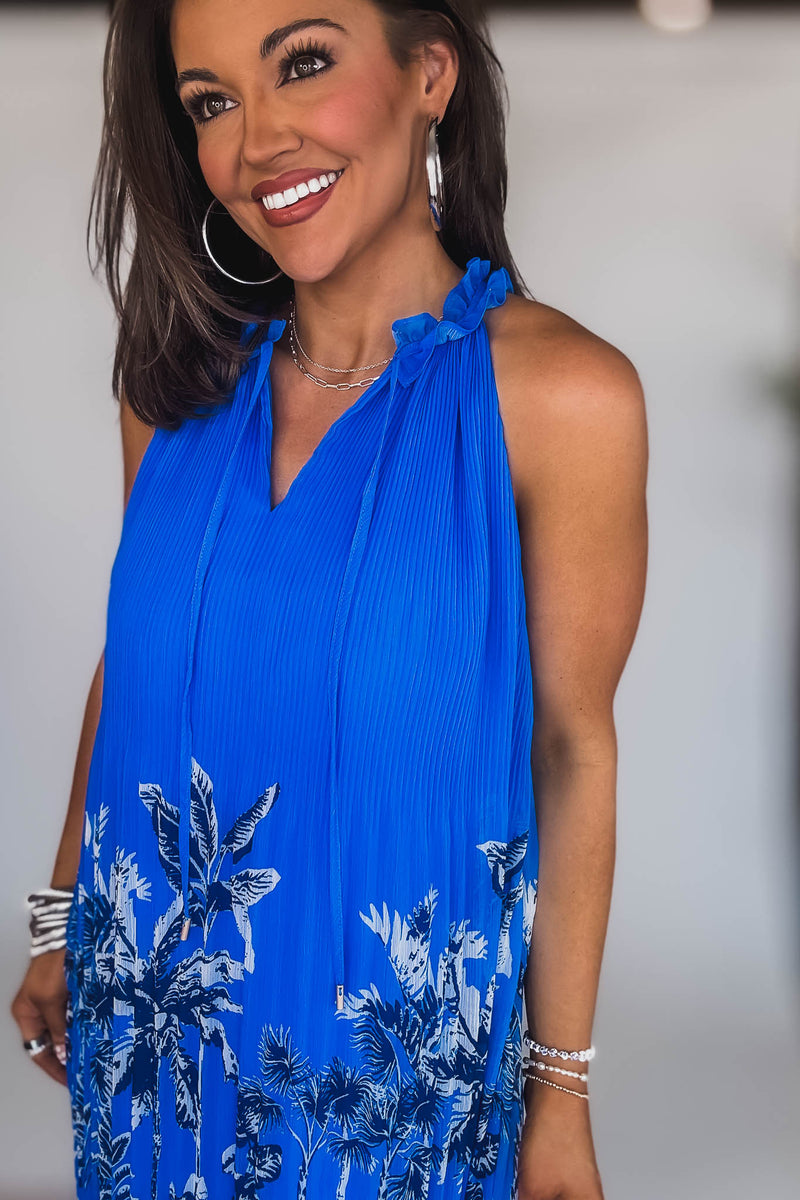 Blue Border Chiffon Pleated Mini Dress