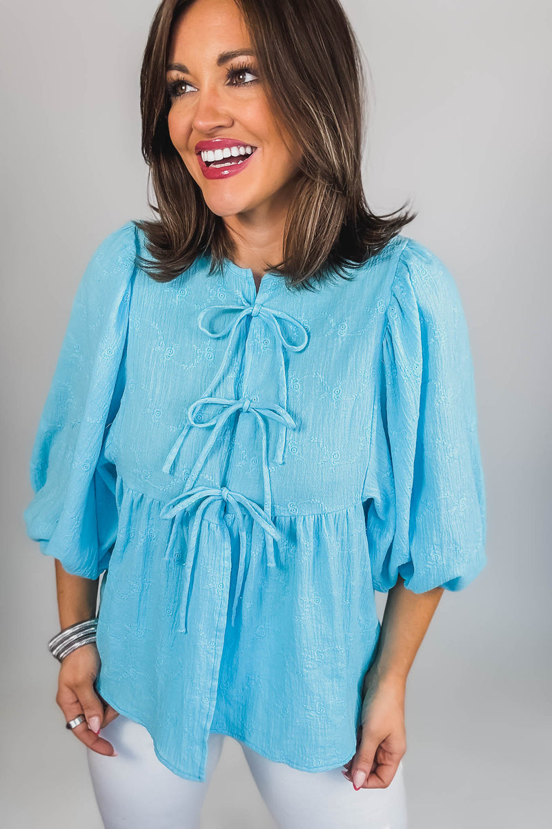 Eyes For You Blue Eyelet Tie Top