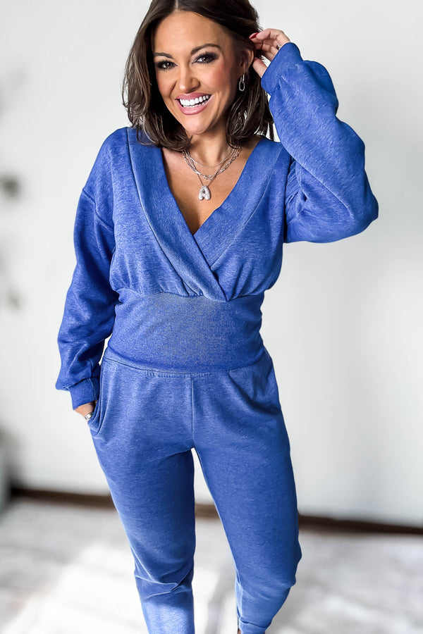Burned Out Deep V-Neck Blue Sweatshirt