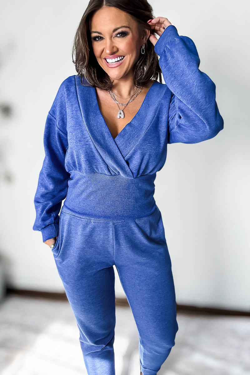 Burned Out Deep V-Neck Blue Sweatshirt
