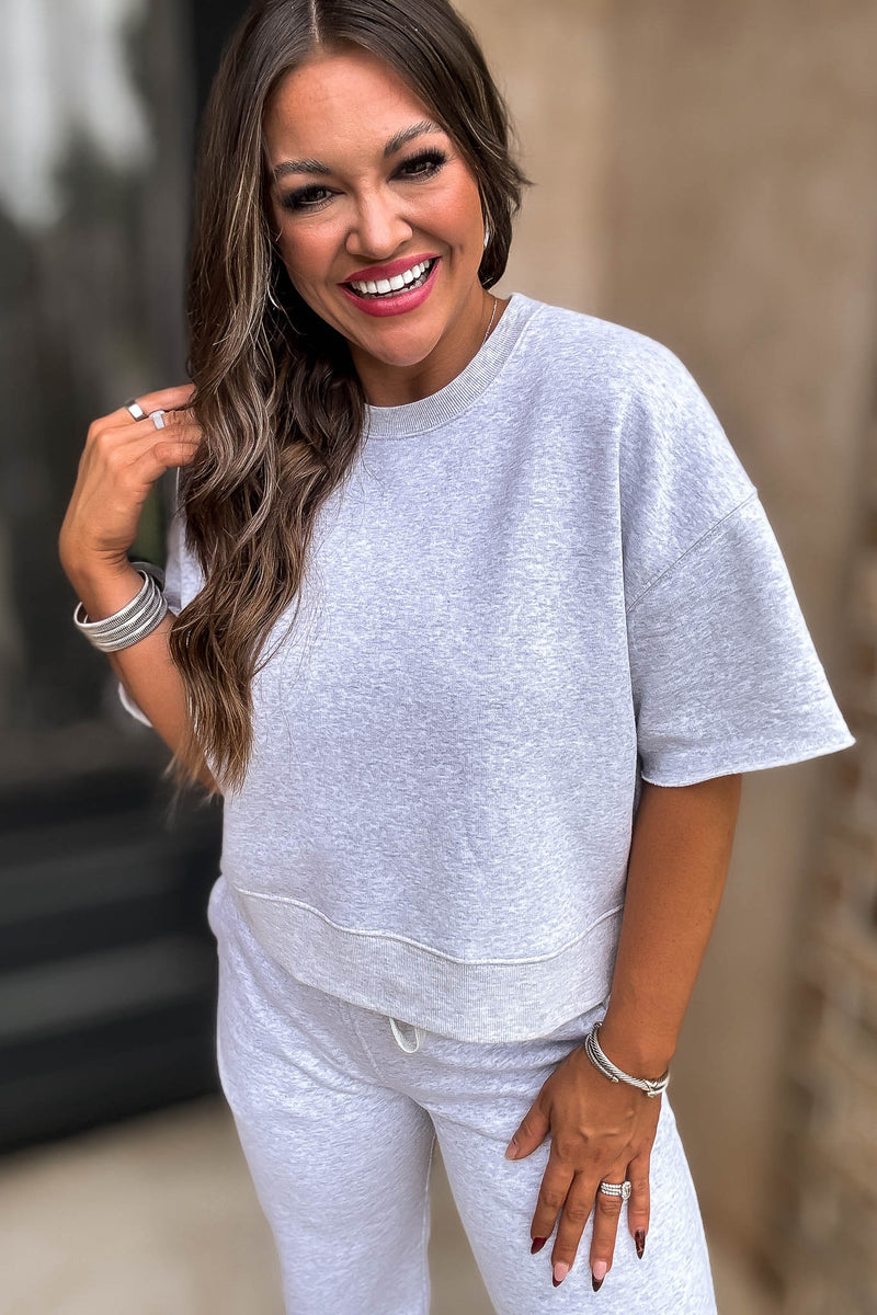 Oversized Grey Crop Cut Off Short Sleeve Sweatshirt