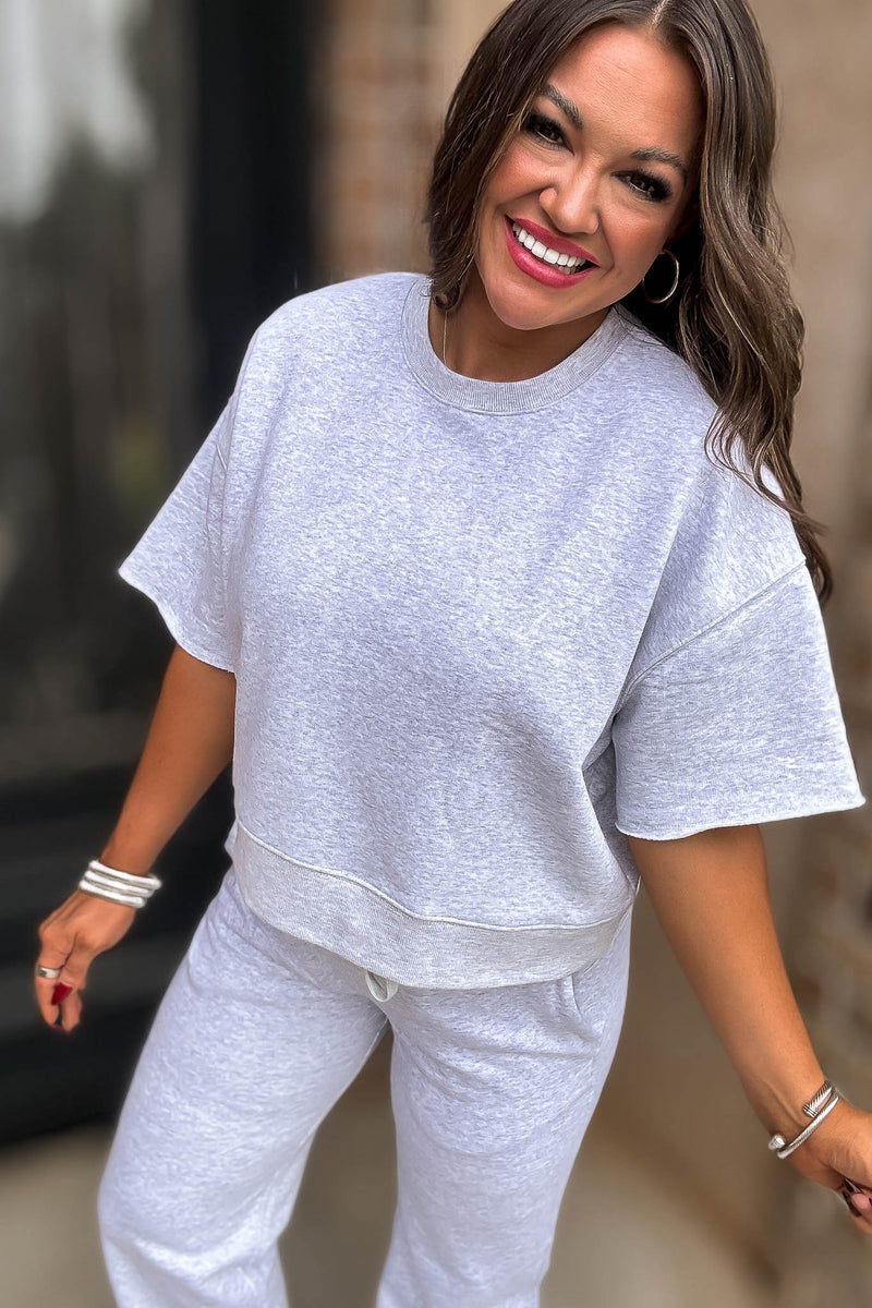 Oversized Grey Crop Cut Off Short Sleeve Sweatshirt