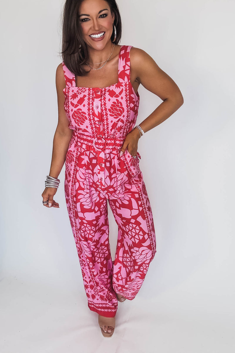 BORDER PRINT BUTTON FRONT JUMPSUIT WITH BELT