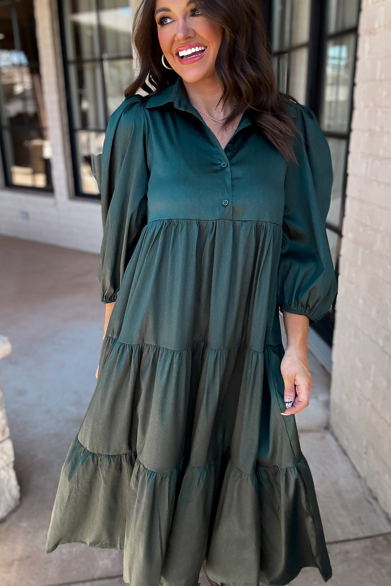 Time To Charm Hunter Green Solid Satin Tiered Dress