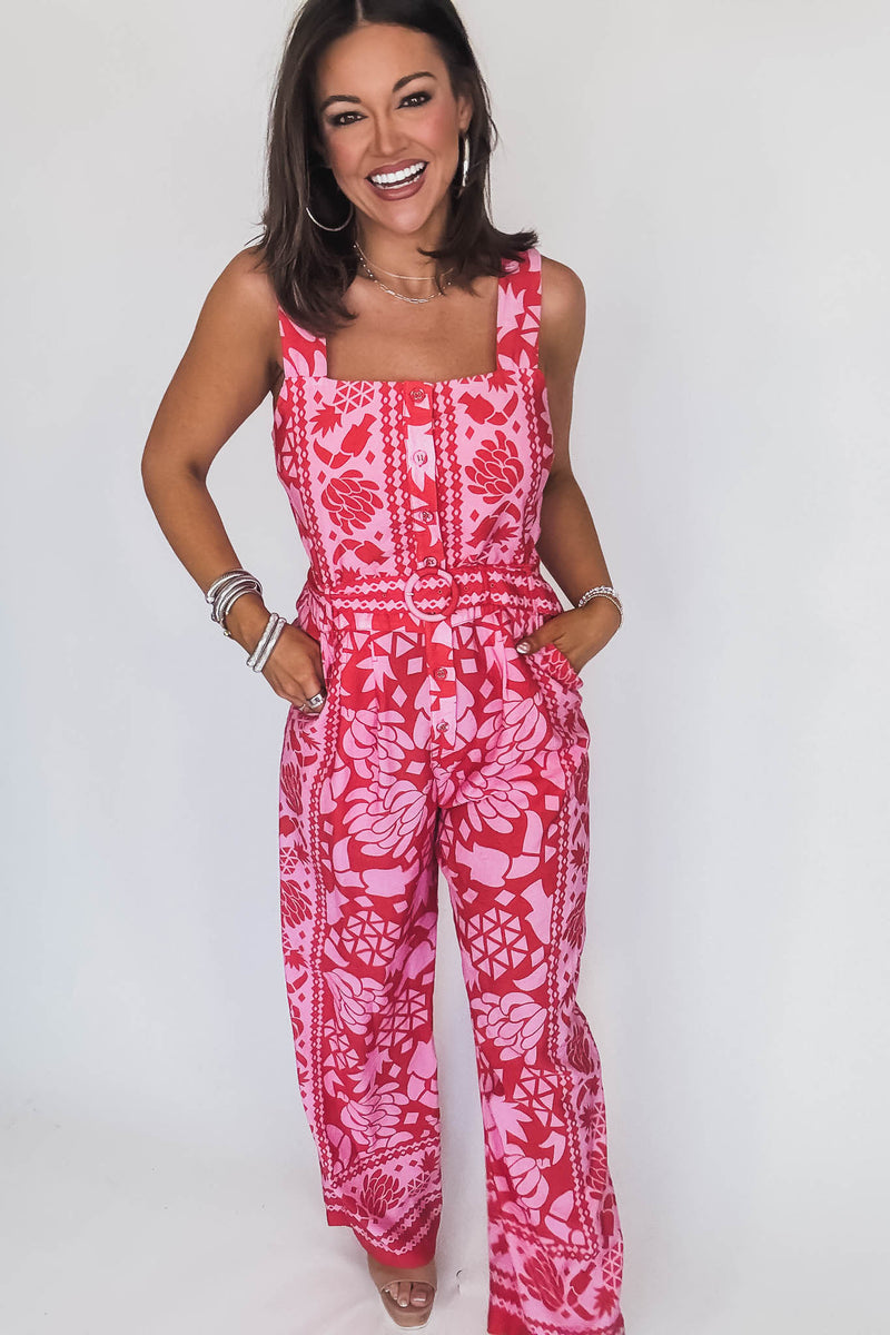 BORDER PRINT BUTTON FRONT JUMPSUIT WITH BELT