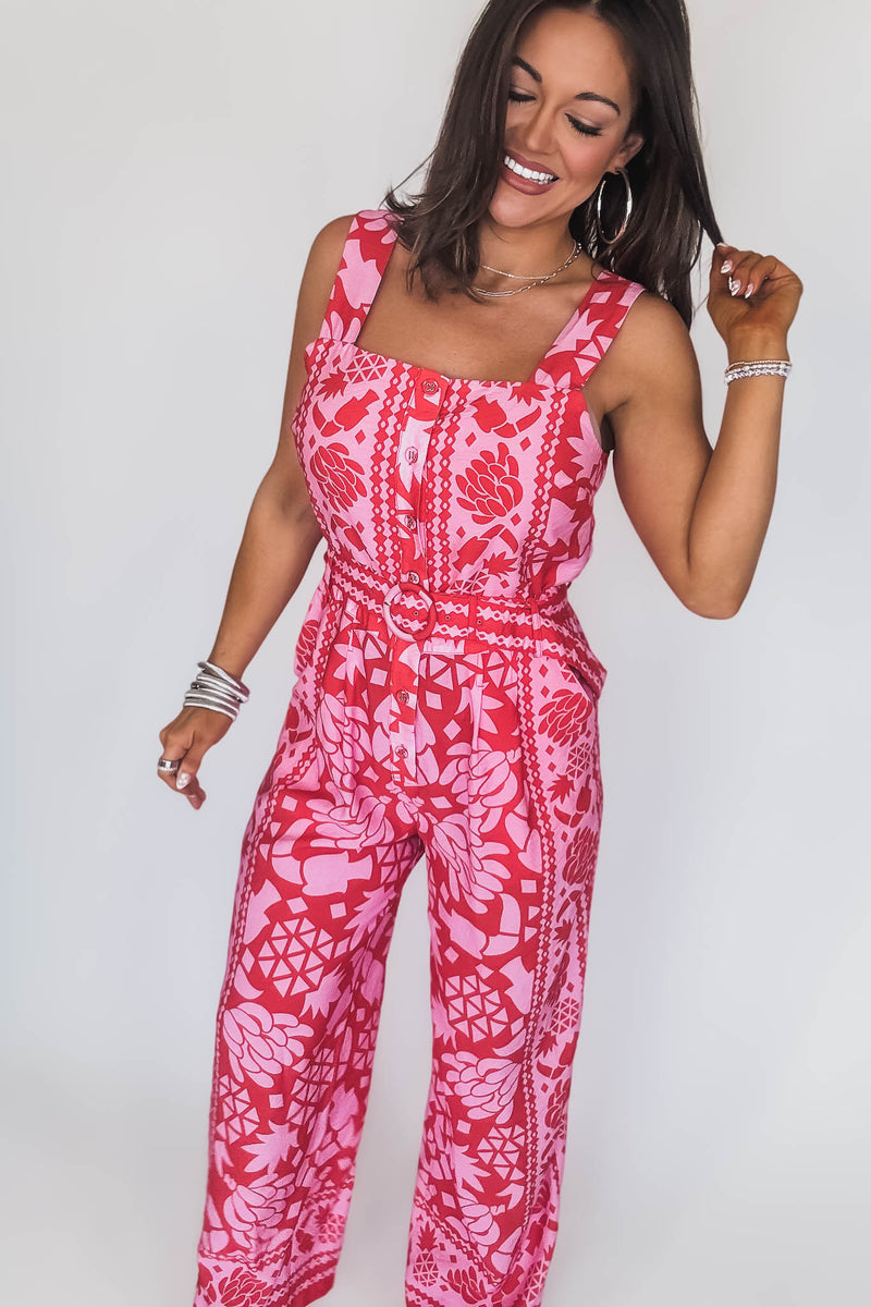 BORDER PRINT BUTTON FRONT JUMPSUIT WITH BELT