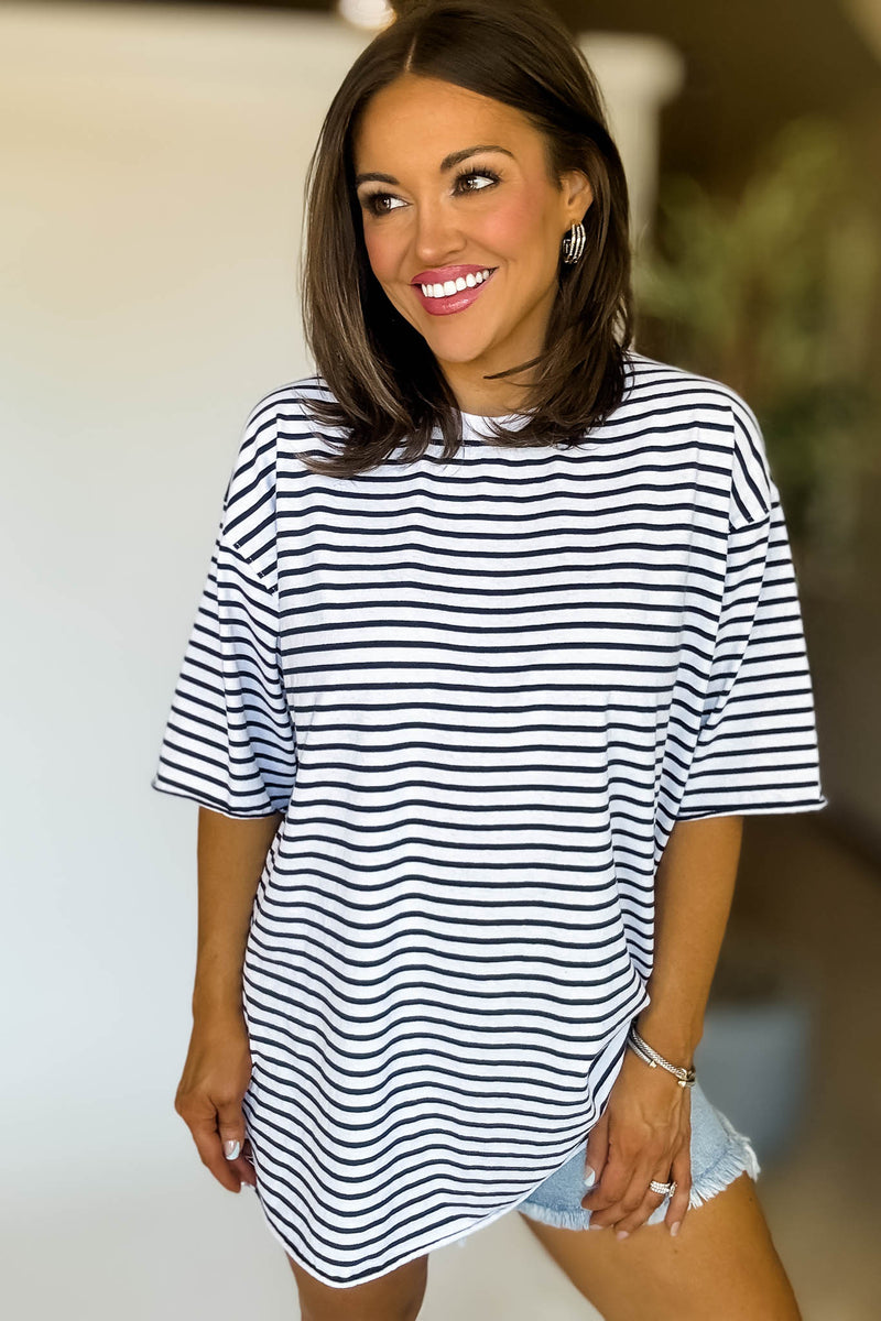 Coastal Cotton Striped Oversized Crewneck Tee