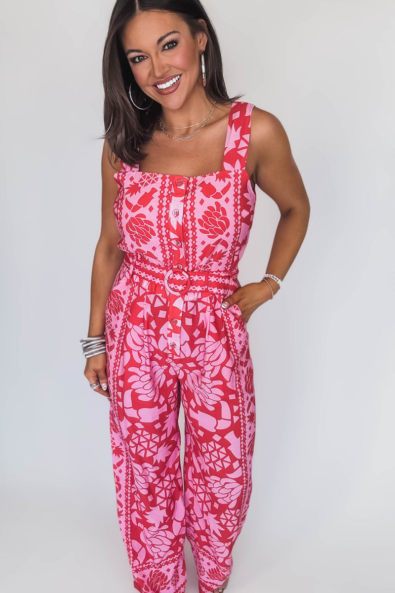 BORDER PRINT BUTTON FRONT JUMPSUIT WITH BELT