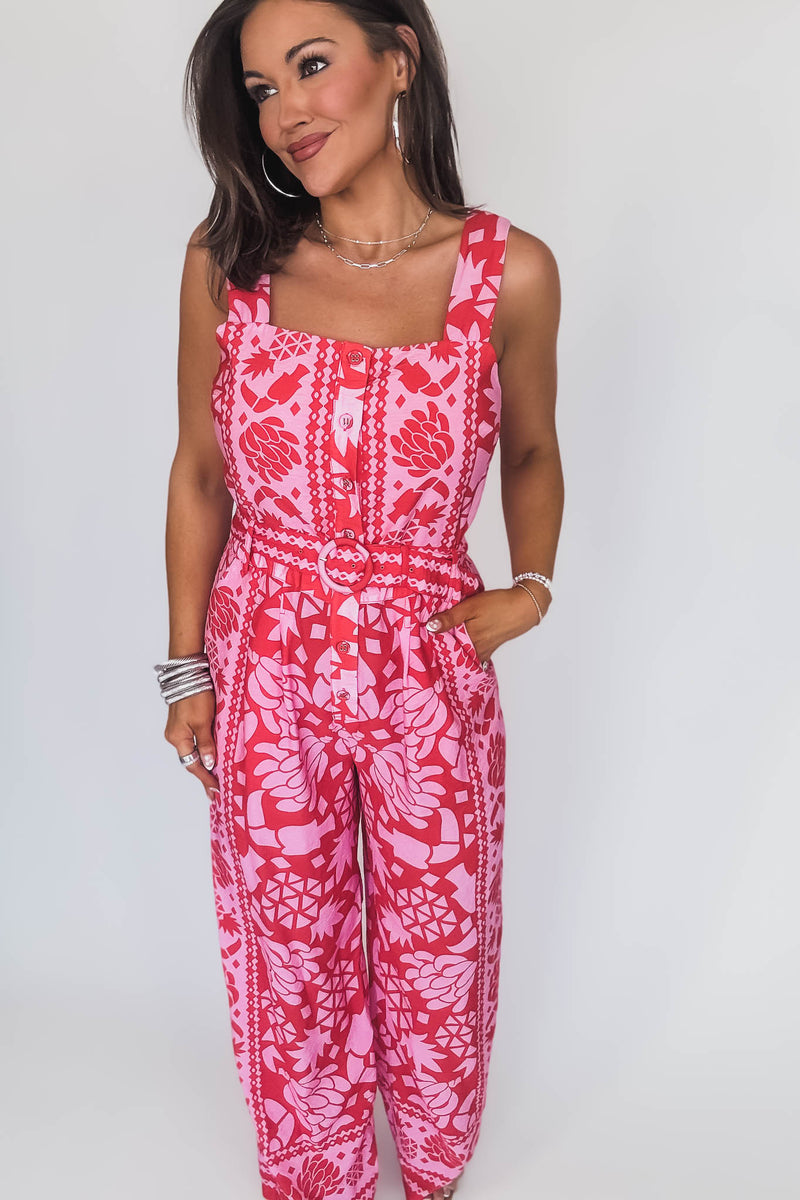 BORDER PRINT BUTTON FRONT JUMPSUIT WITH BELT
