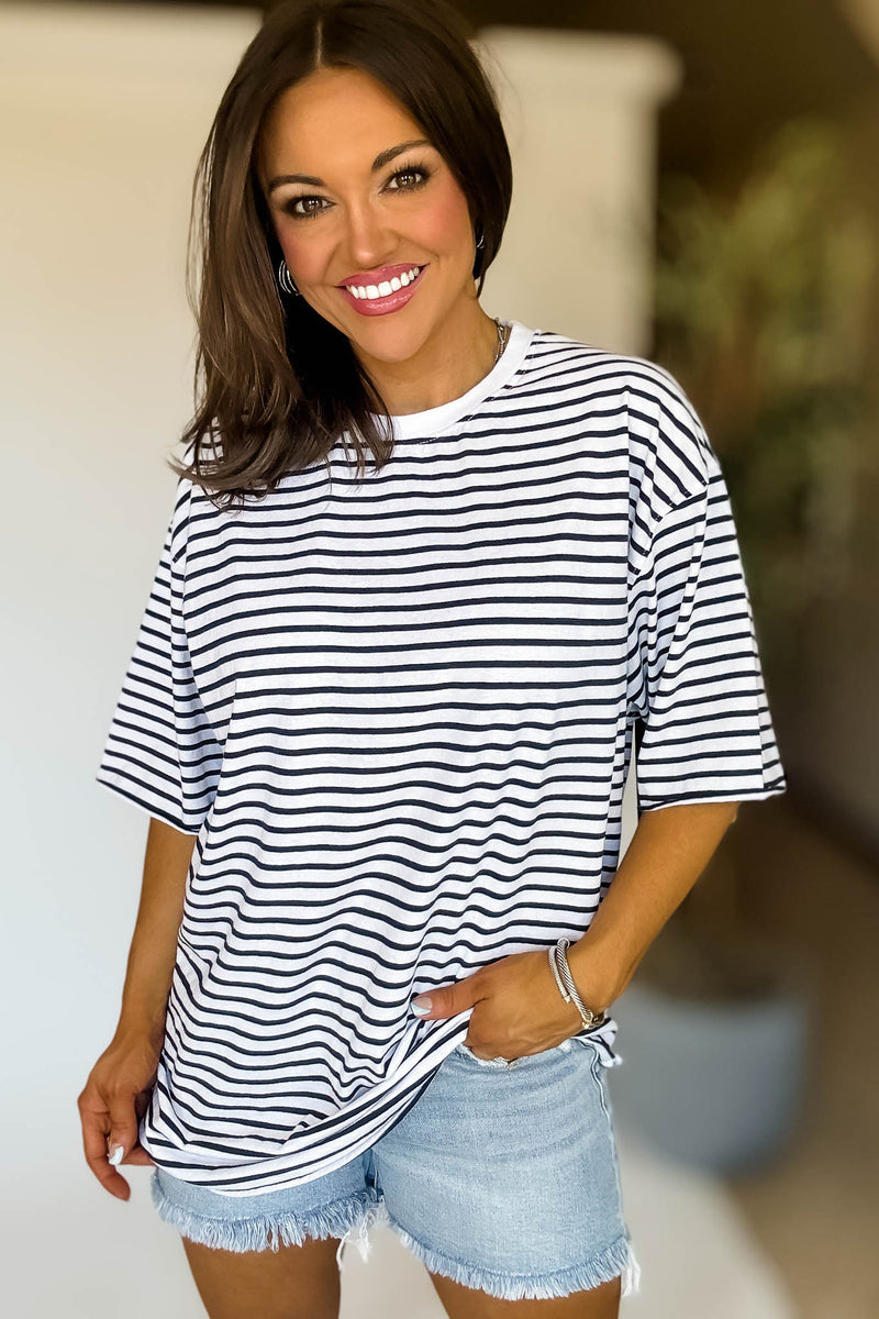 Coastal Cotton Striped Oversized Crewneck Tee