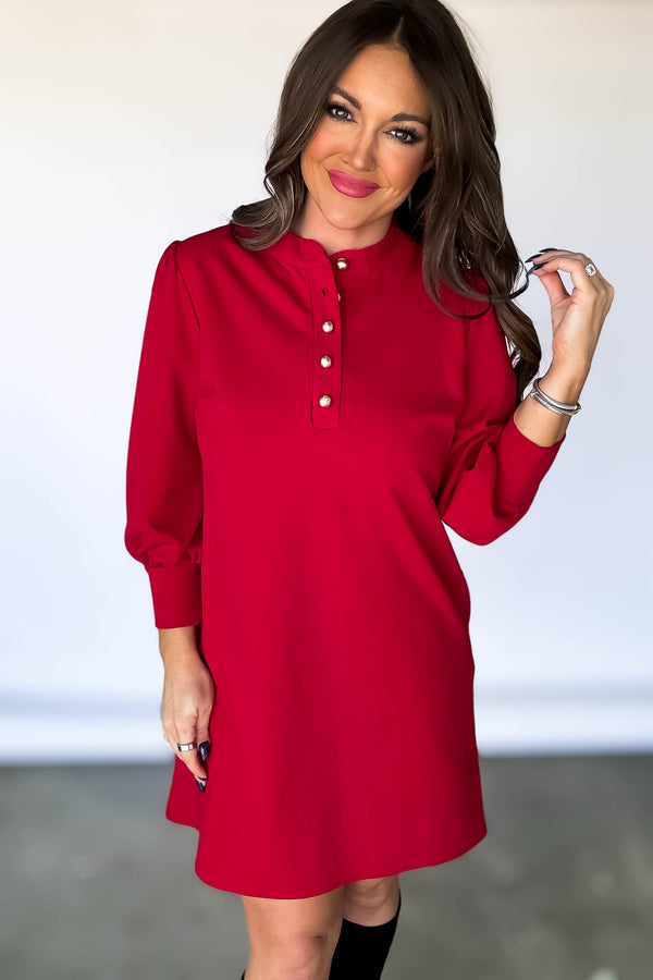 Solid Red Button Front Dress