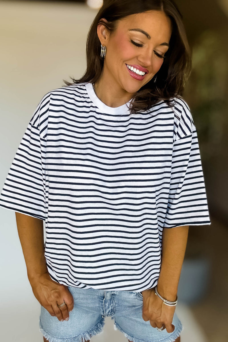 Coastal Cotton Striped Oversized Crewneck Tee