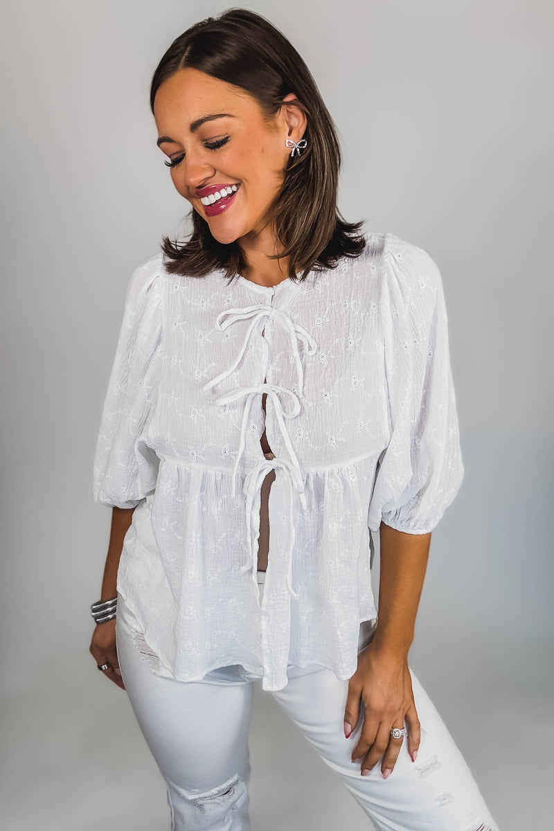 Eyes For You White Eyelet Tie Top