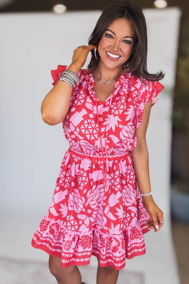Pink Border Print Mini Dress