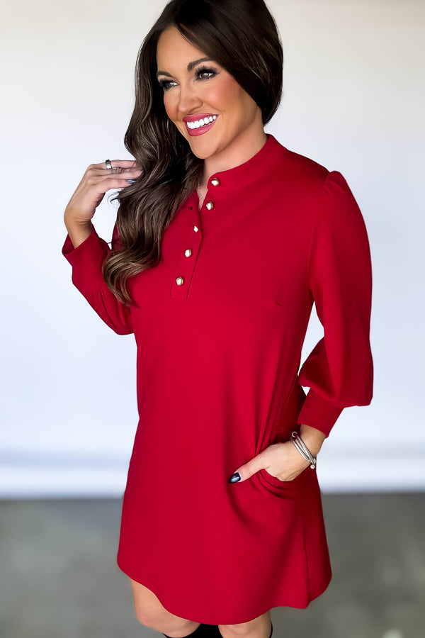 Solid Red Button Front Dress