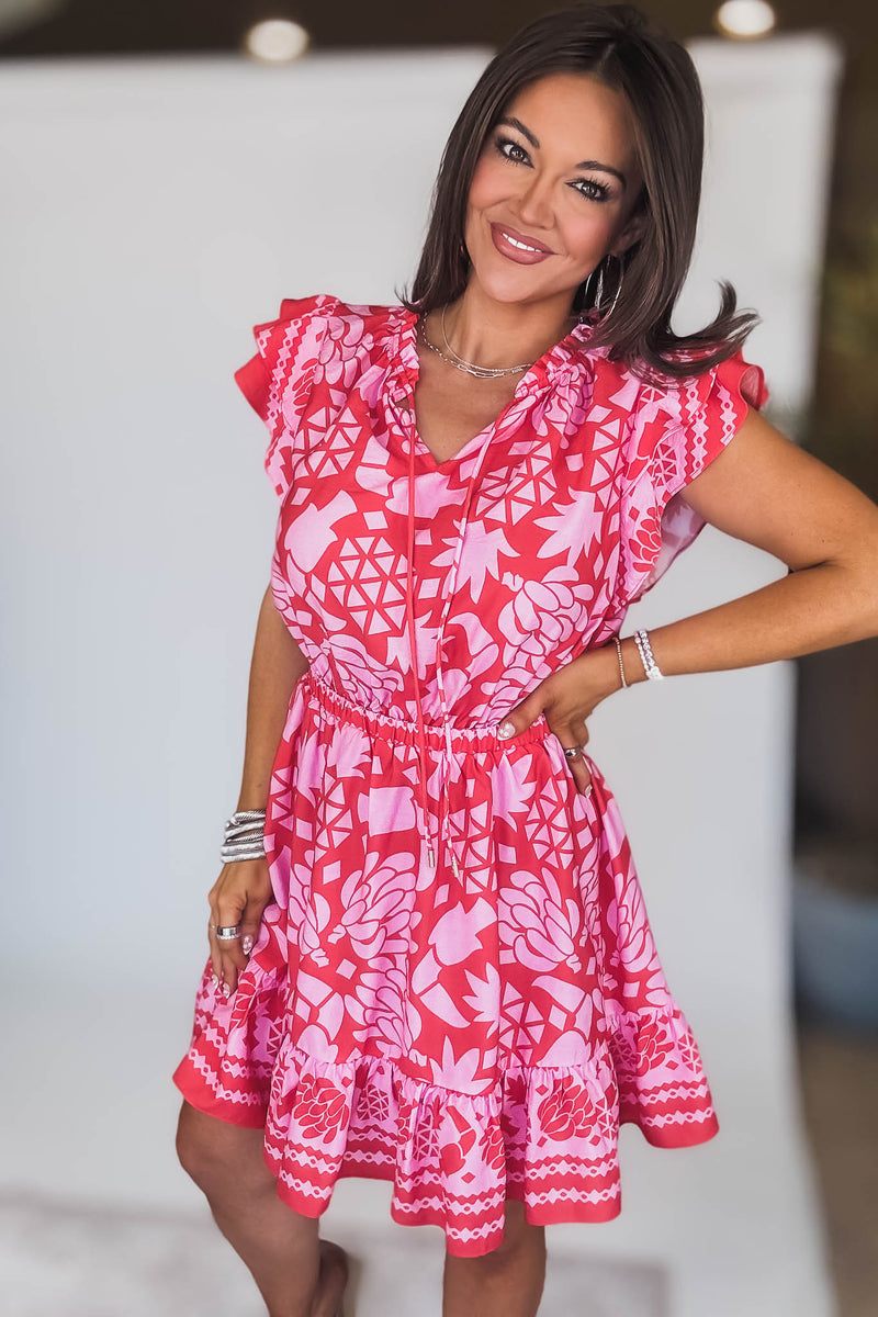 Pink Border Print Mini Dress