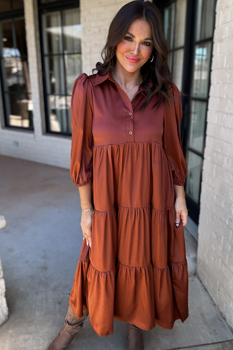 Time To Charm Rust Solid Satin Tiered Dress