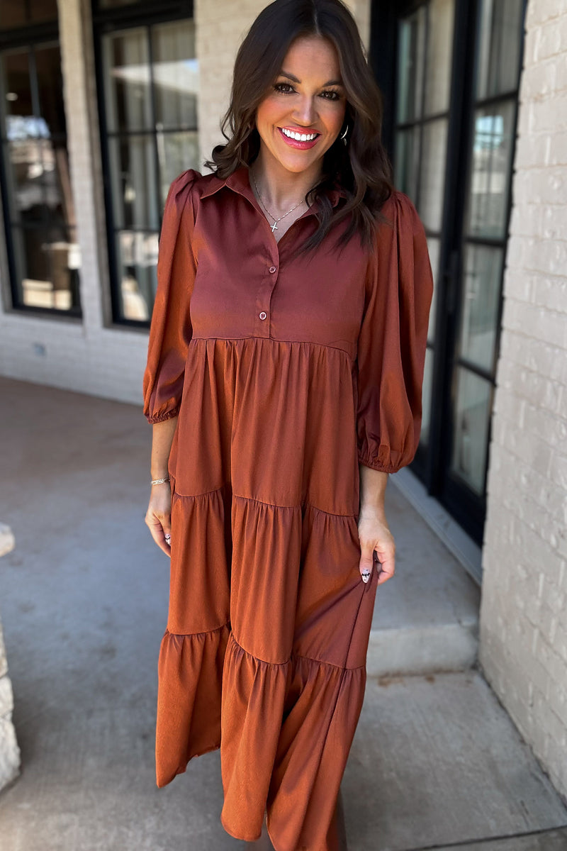 Time To Charm Rust Solid Satin Tiered Dress