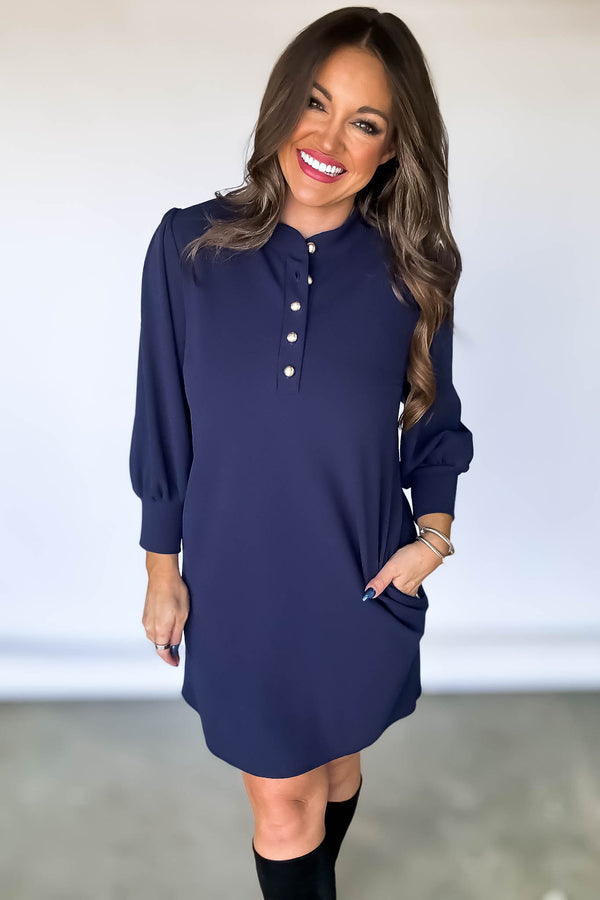 Solid Navy Button Front Dress